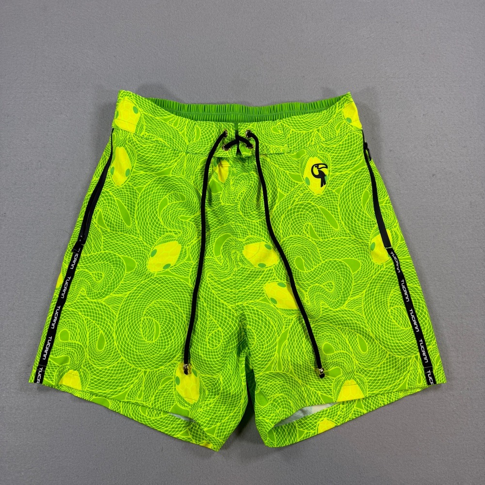 Tucann Swim Trunks Mens Small Neon Green Board Shorts Compression Lined Beach